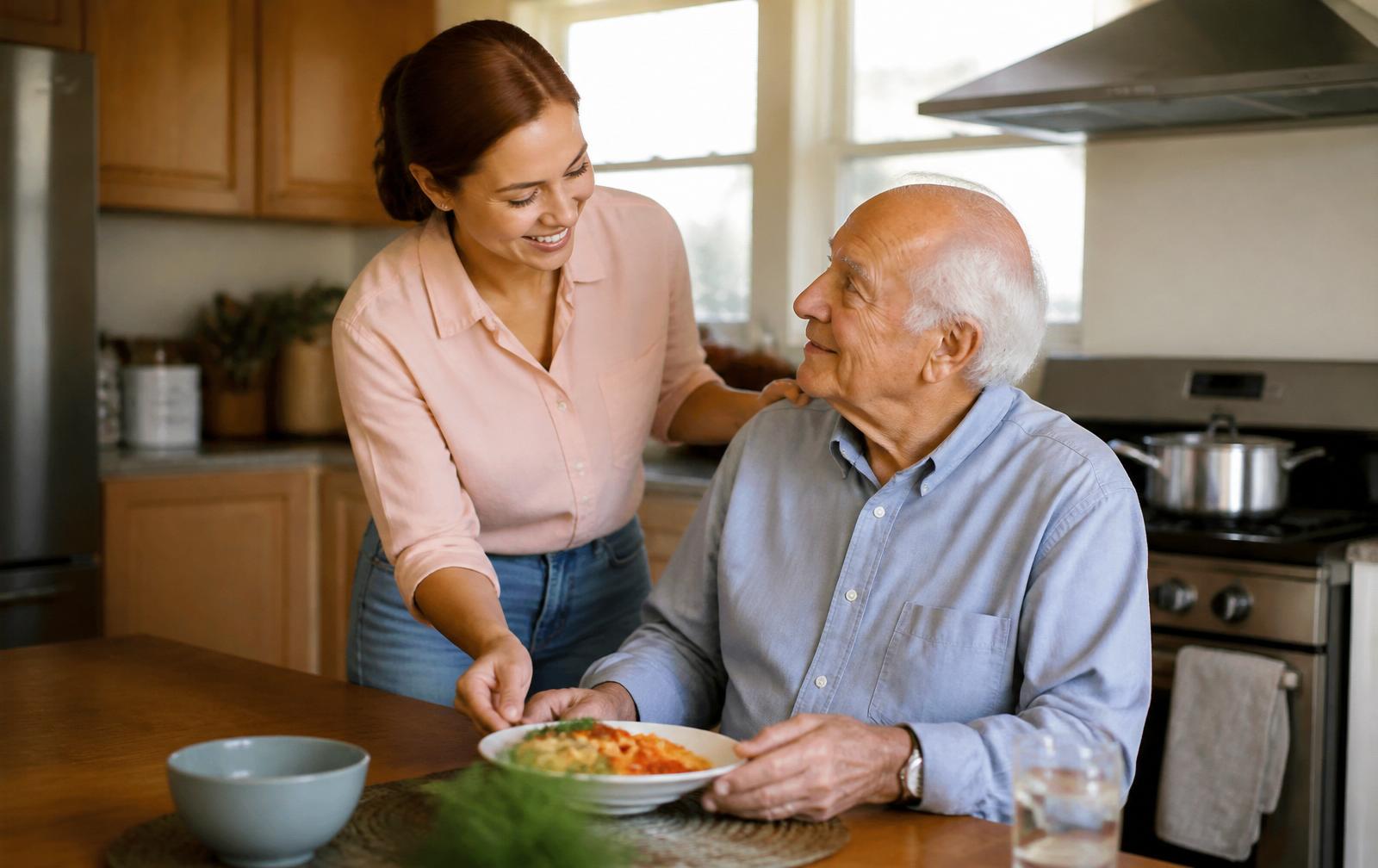 Aide à domicile préparant un repas avec un senior