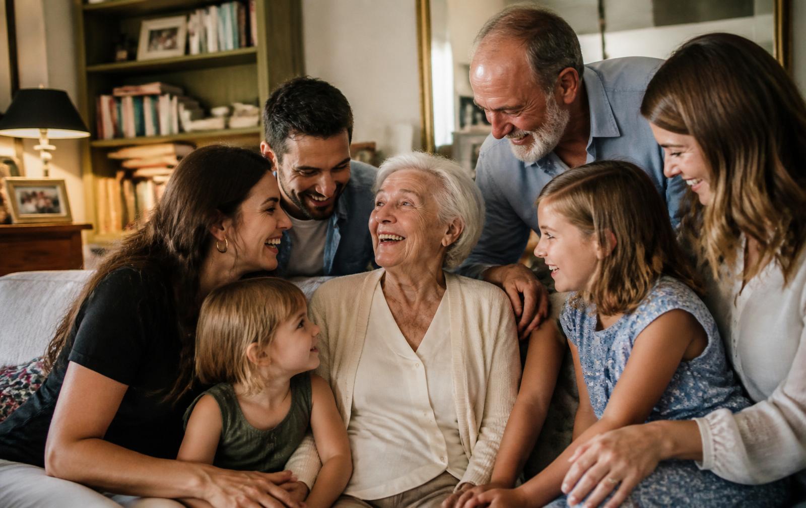Famille multigénérationnelle réunie autour d'une grand-mère