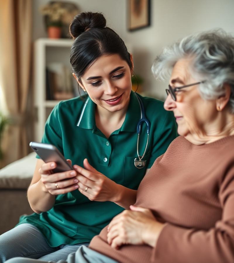 Professionnelle Halovia accompagnant une personne âgée avec un smartphone