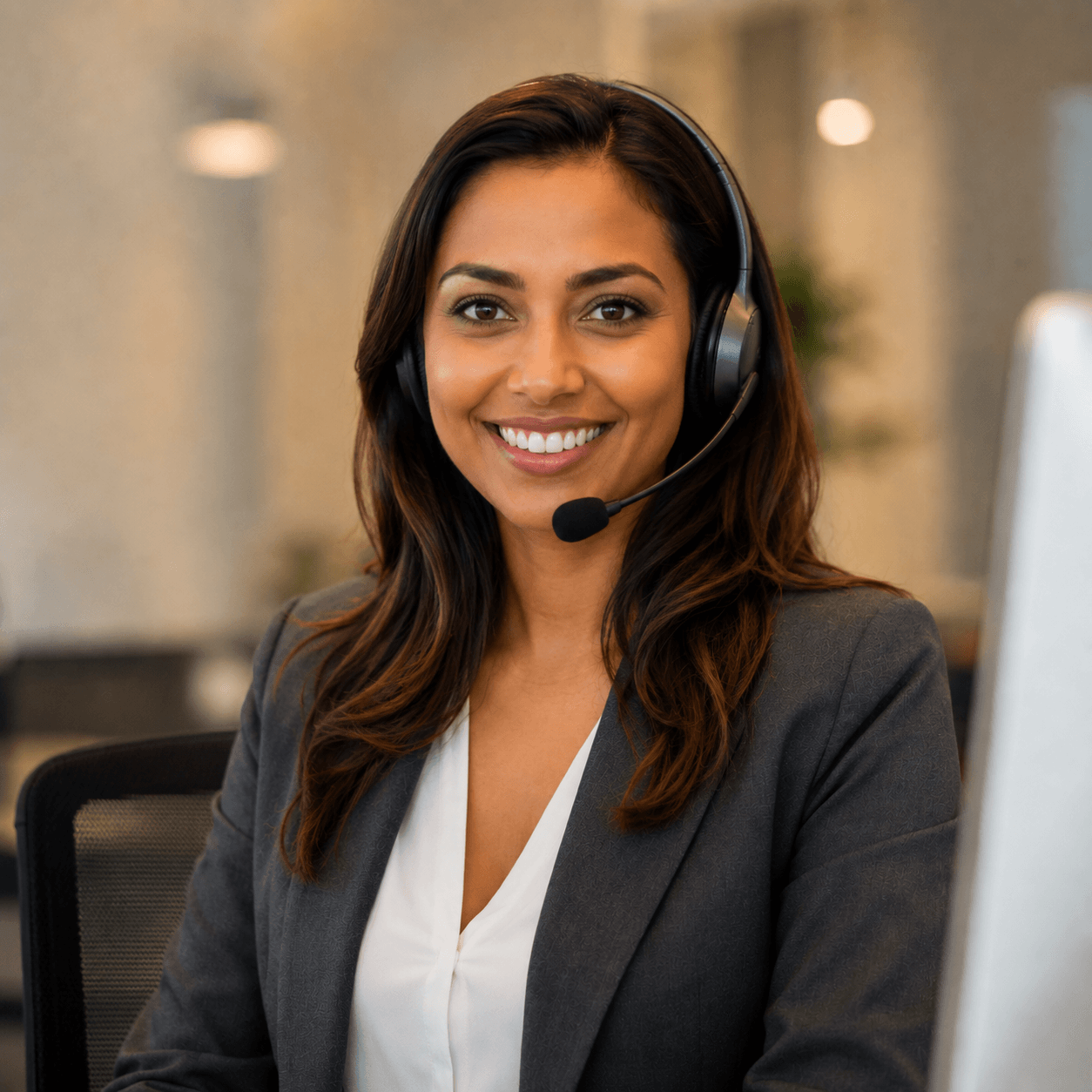 Conseillère Halovia souriante avec casque téléphonique